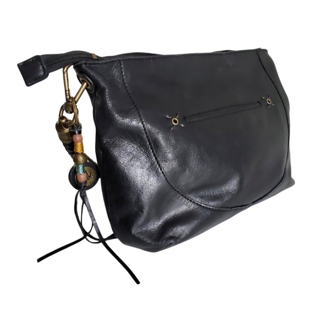 Vintage Y2K Black Leather Shoulder Bag With Brass Accents & Beaded Charm By The